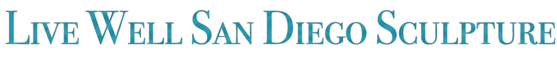 Text reading 'Live Well San Diego Sculpture' in blue letters on a light background.