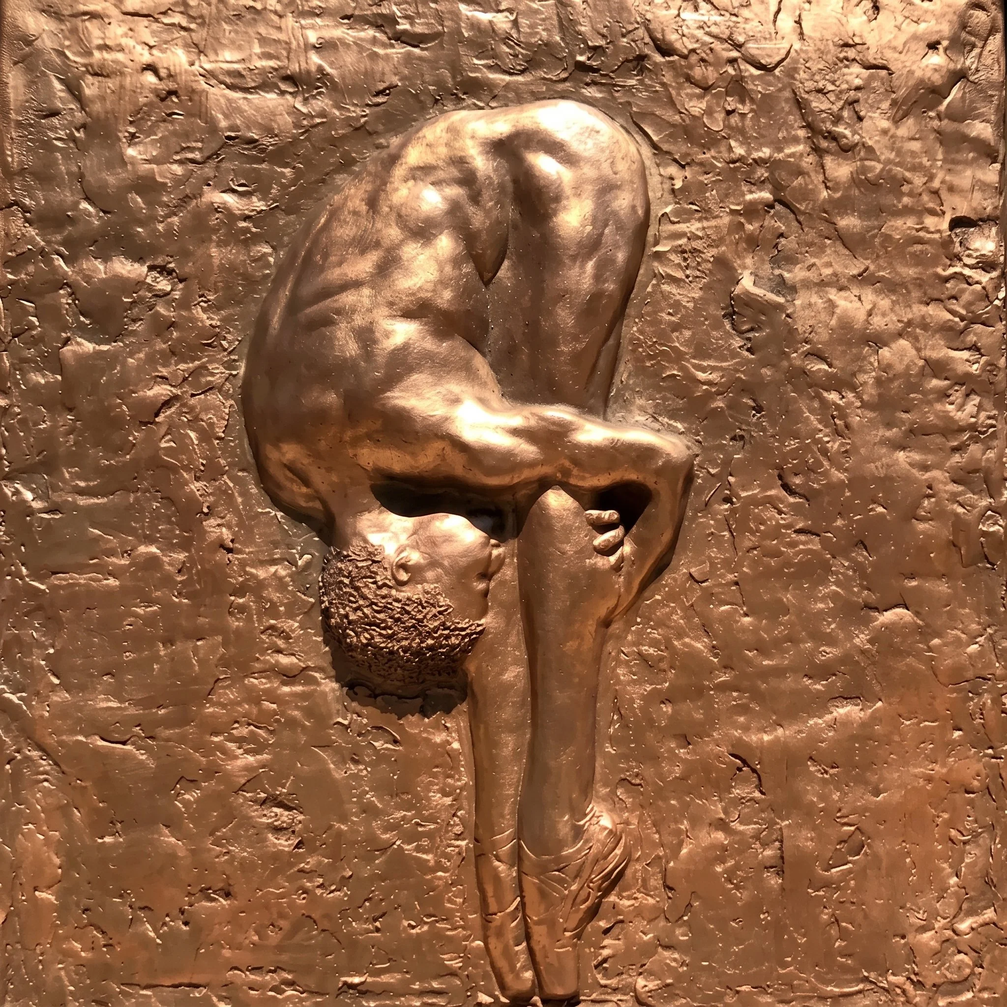 A bronze plaque or sculpture featuring a bird, possibly a dove, with some textured surface background.
