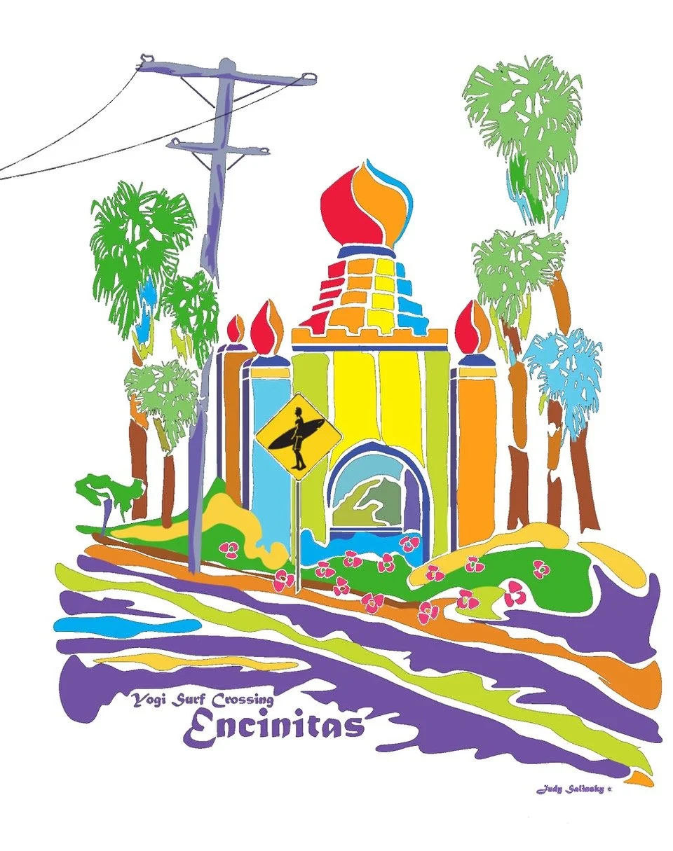 Colorful illustration of Yogi Surf Crossing, the Encinitas city sign in California, featuring a castle with surfboards, palm trees, and a surf crossing sign.