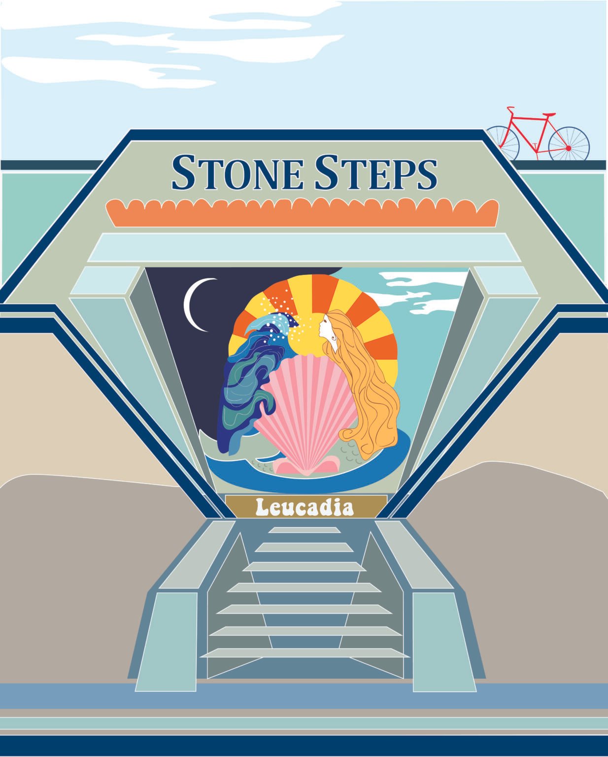 Digital illustration of a stone archway entrance labeled 'The Original Stone Steps' graphic design art piece by Judy Salinsky