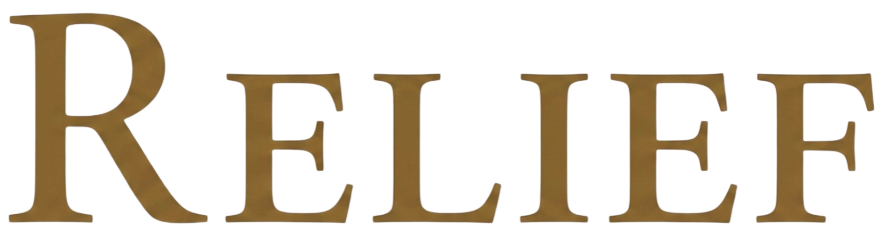 A 3D sign spelling out the word 'RELIEF' in gold-colored letters with a turquoise and purple background.