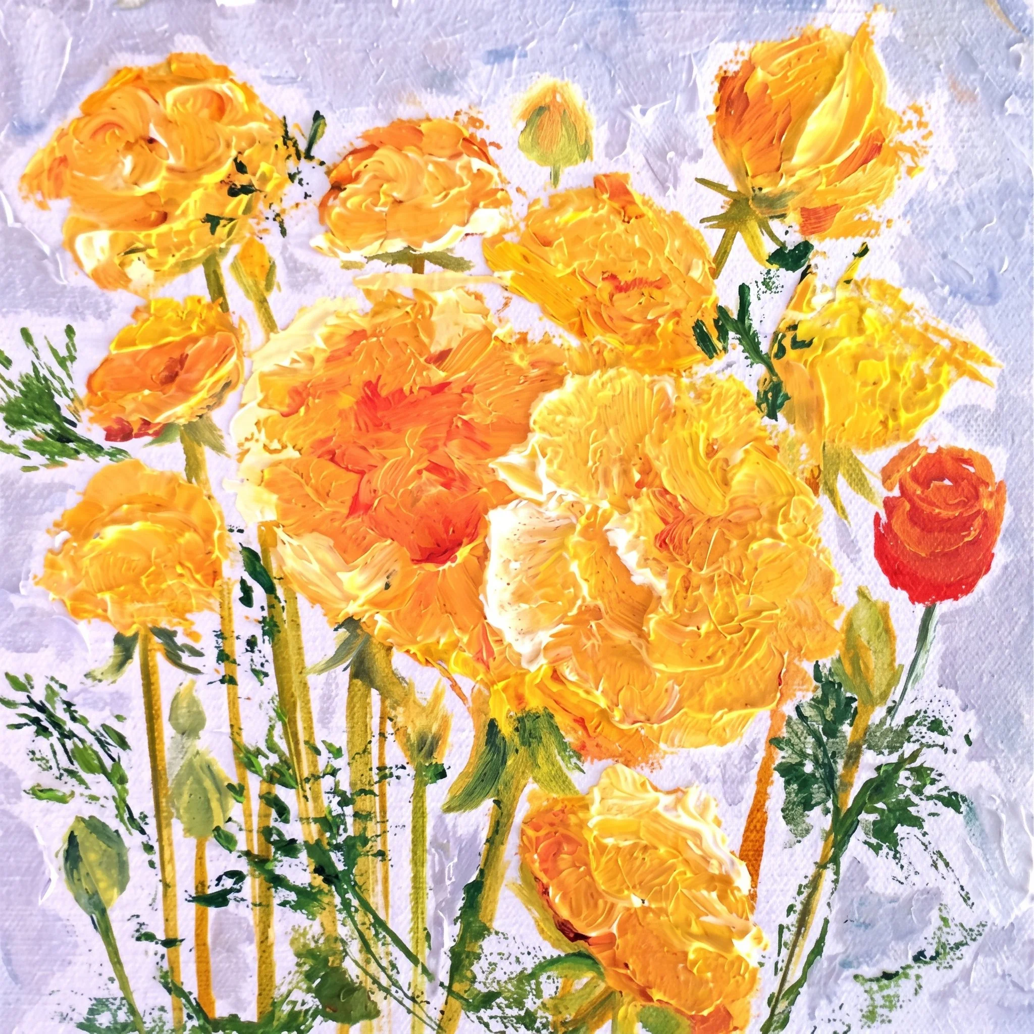 An abstract painting of yellow and orange roses with green stems on a white background, created with thick, textured brushstrokes.
