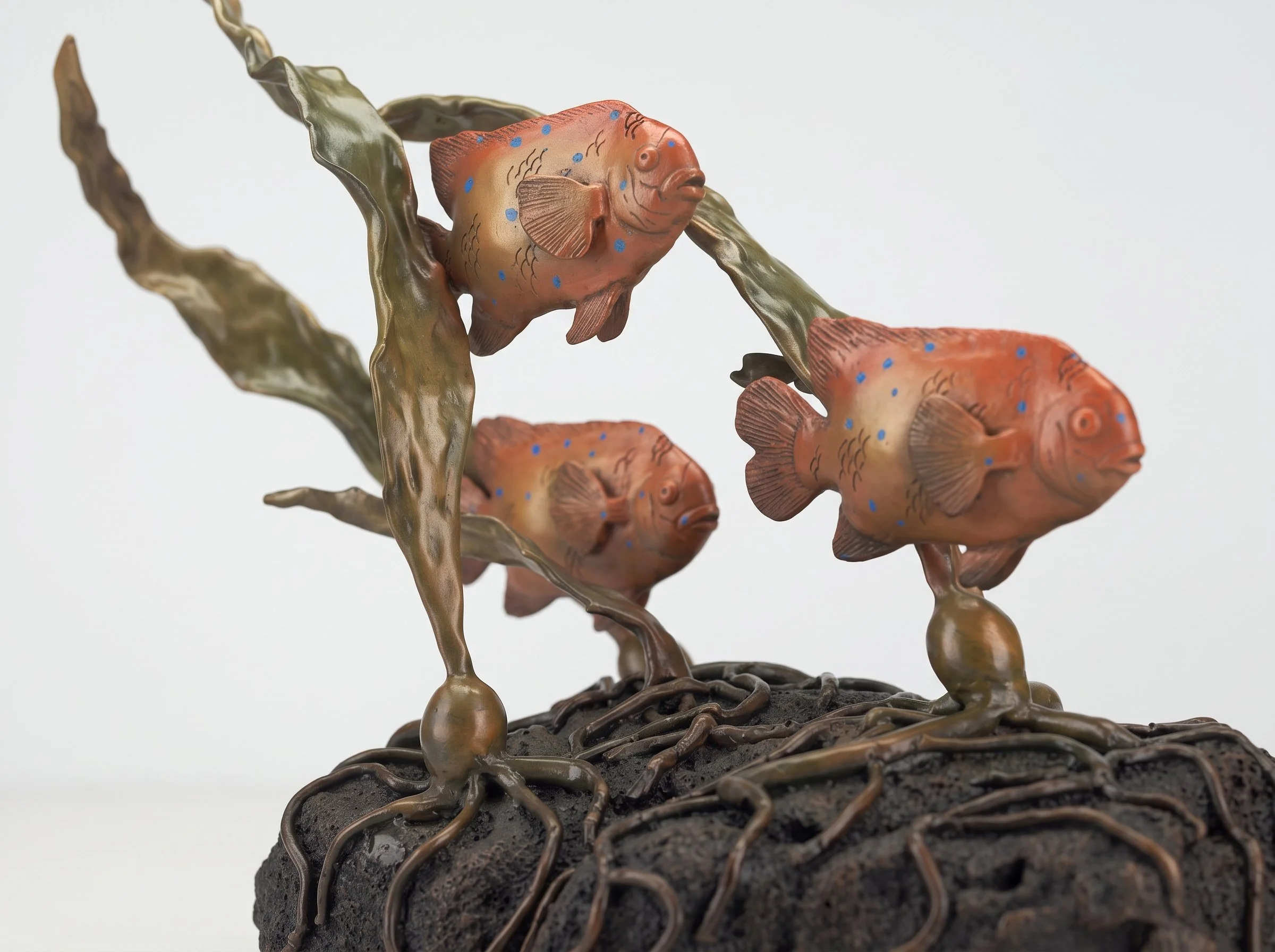 Baby Garibaldi represents the juvenile Garibaldi (California State Fish) with blue spots. Each piece is crafted with genuine kelp mold to lend it a distinctive quality. Sculpture of three Garibaldi fish by Judy Salinsky.