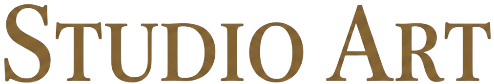 3D gold letters spelling 'STUDIO ART' with illuminated turquoise backgrounds in the centers of the 'U' and 'O'.