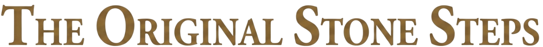 Close-up of a logo with the words 'THE ORIGINAL STONE STEPS' in gold and brown lettering.
