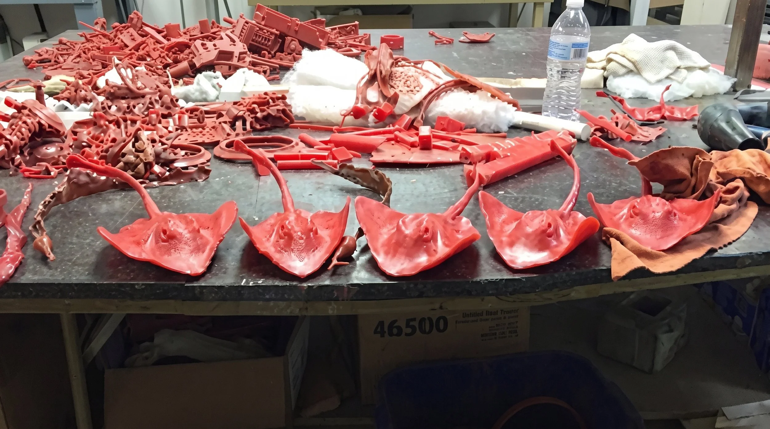 In image of wax stingrays on a worktable in the process of becoming a sculpture by Judy Salinsky