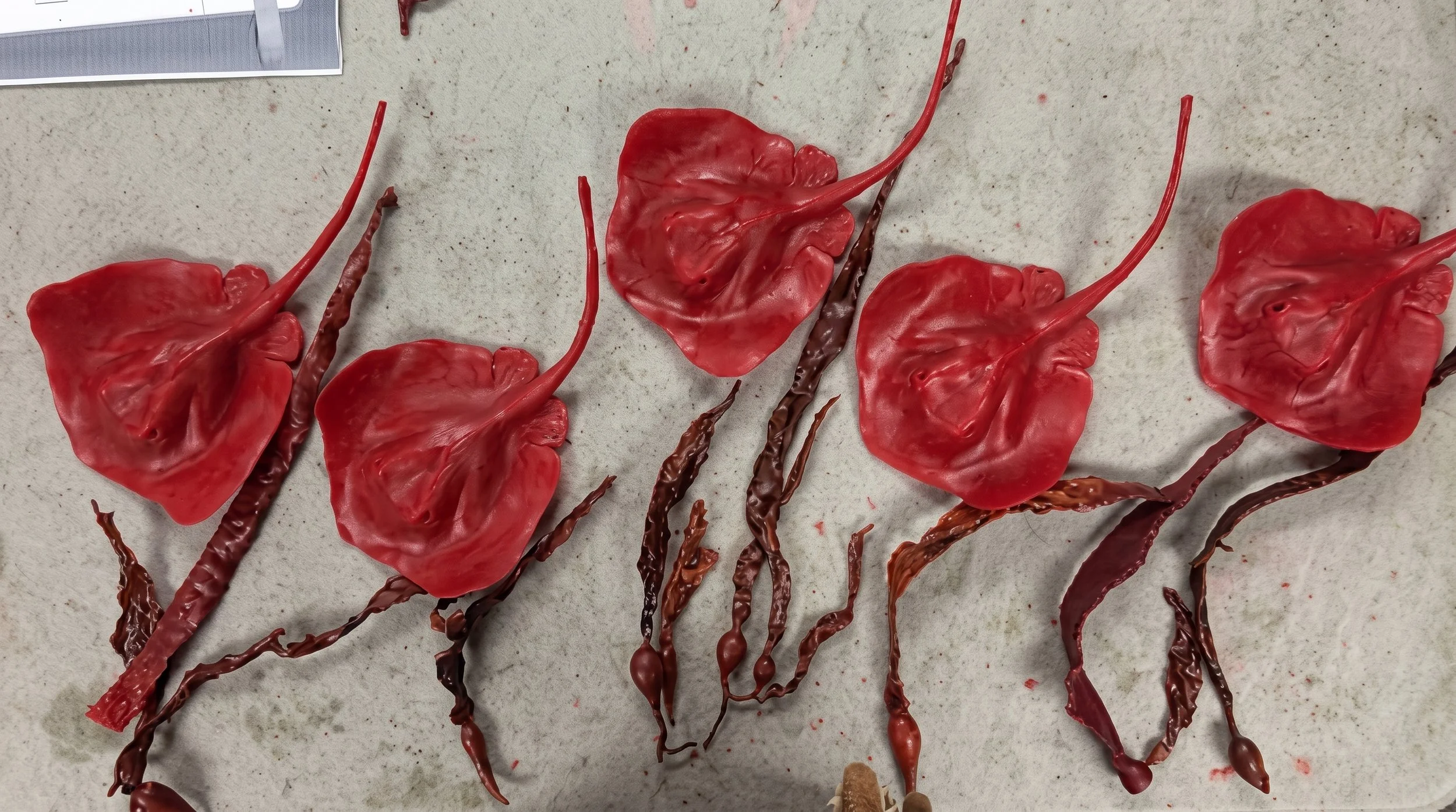 In image of wax stingrays on a worktable in the process of becoming a sculpture by Judy Salinsky