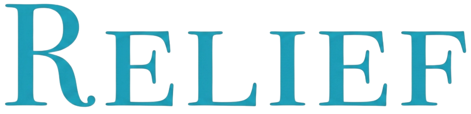 The word 'RELIEF' in large, bold, blue 3D letters on a blue background.