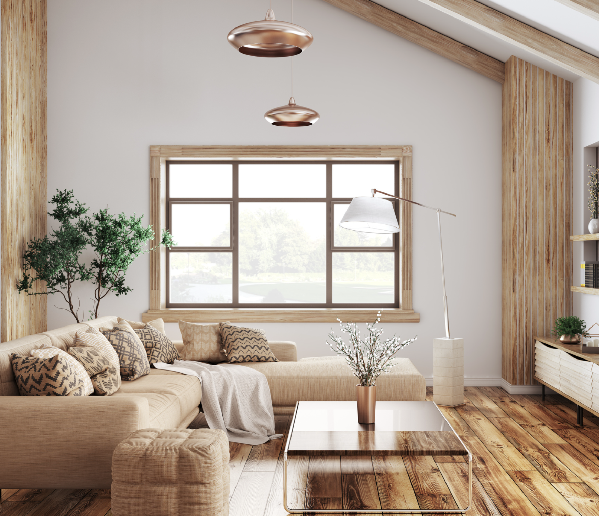 Modern living room with beige sectional sofa, patterned throw pillows, potted plant, white coffee table with a copper vase, large window with wooden trim, slanted ceiling with wooden beams, and copper pendant lights.