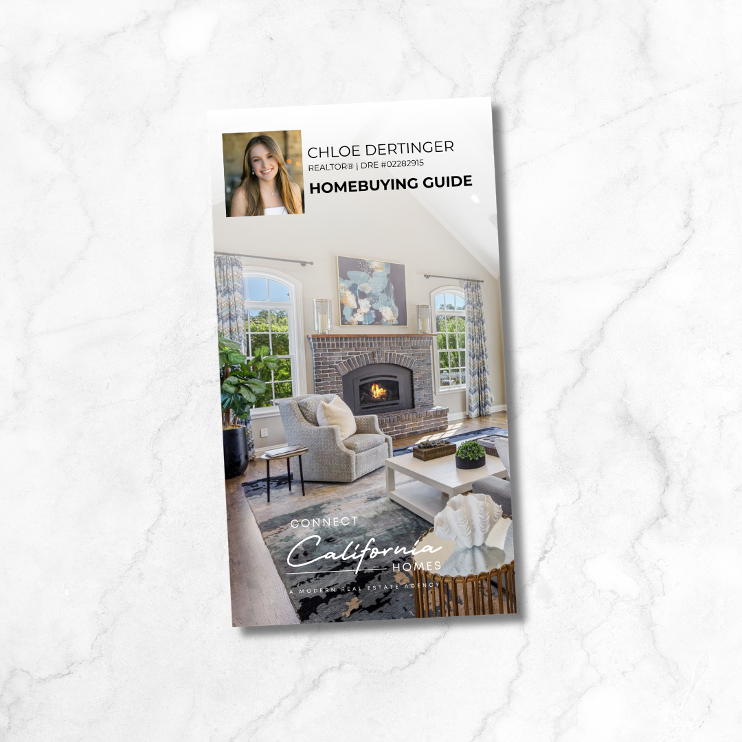 A home buying guide brochure featuring a woman, Chloe Dertinger, and an image of a cozy living room with a brick fireplace, large windows, and contemporary decor.