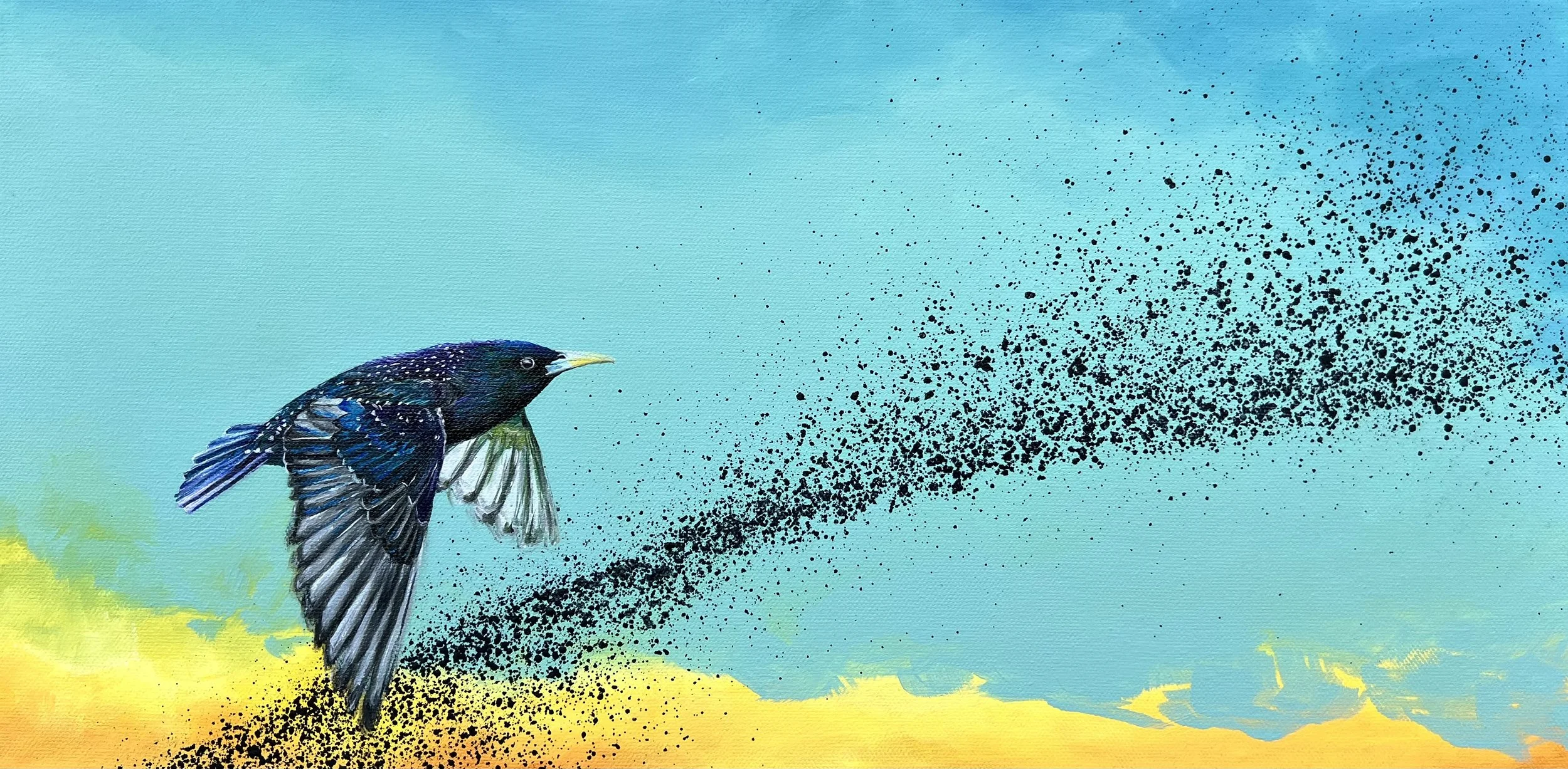 Starling in Flight (2025)
Acrylic and oil on canvas, 10x20 inch