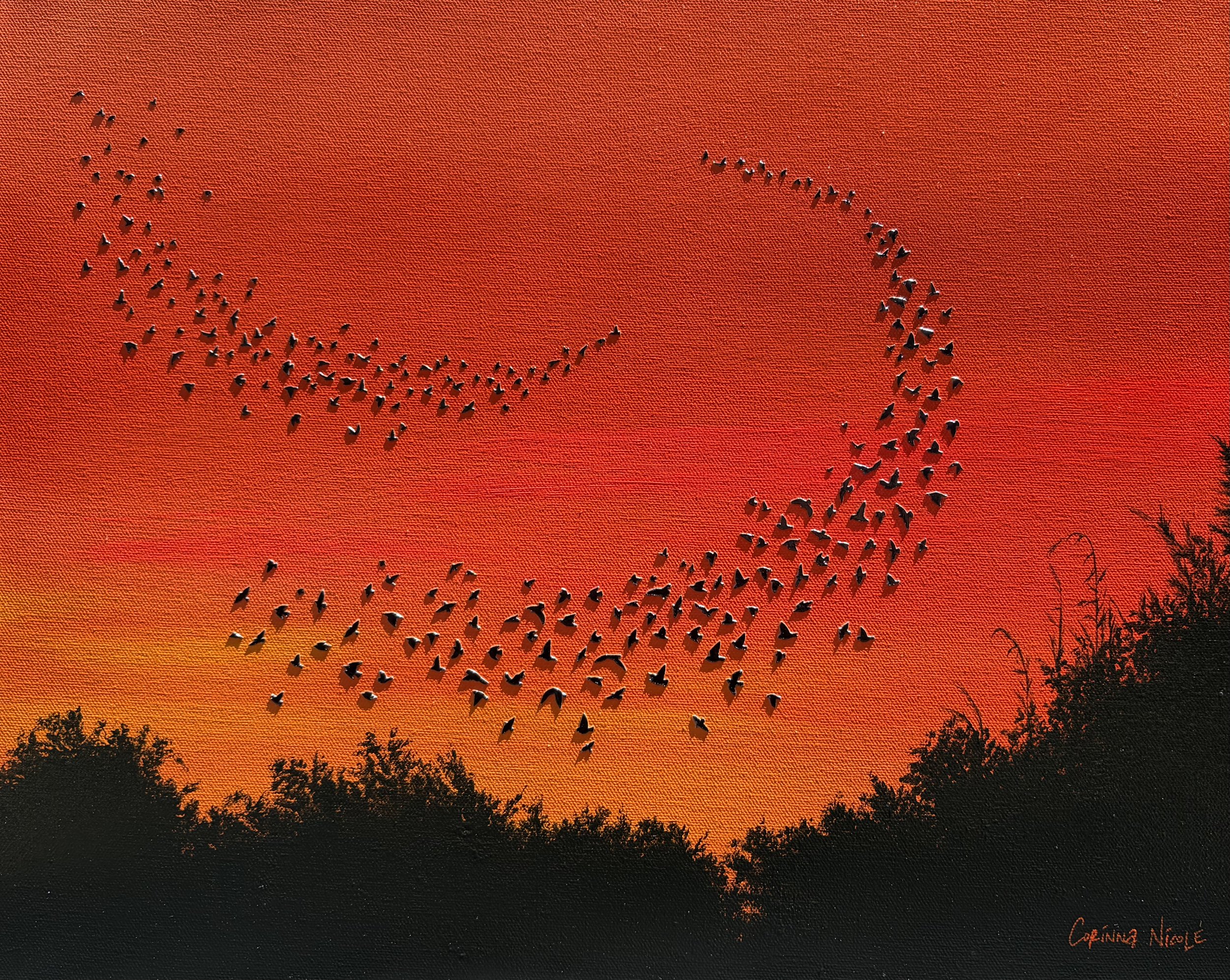 Original landscape acrylic and paper mixed-media painting by Corinna Nicole. Titled Here and Now, the work features a dynamic starling bird flock known as a murmuration. 