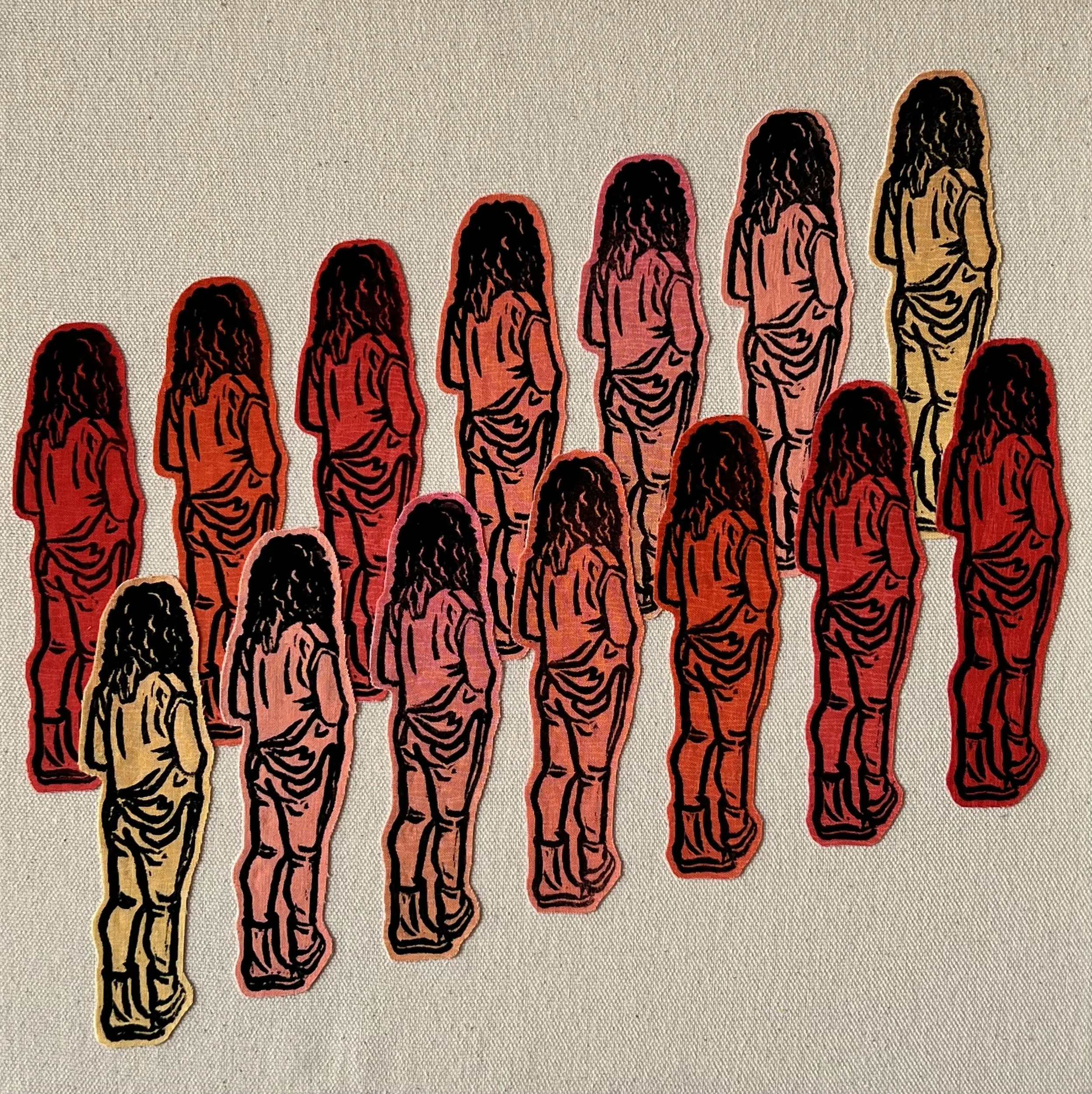 Progress/Regress (2024) Stamped fabric assemblage on raw canvas, 10x10 inch