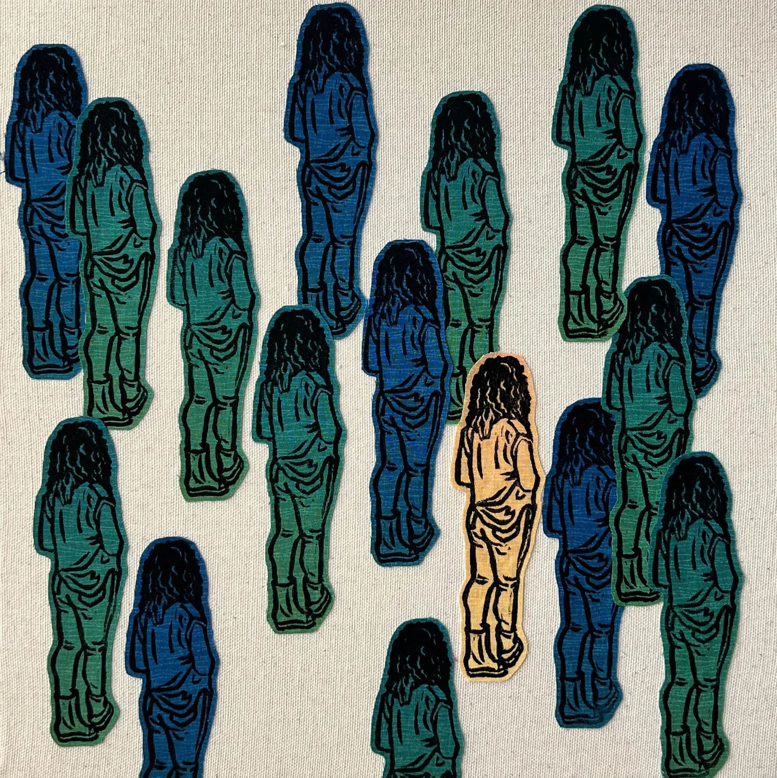 The Outsider (2024) Stamped fabric assemblage on raw canvas, 10x10 inch