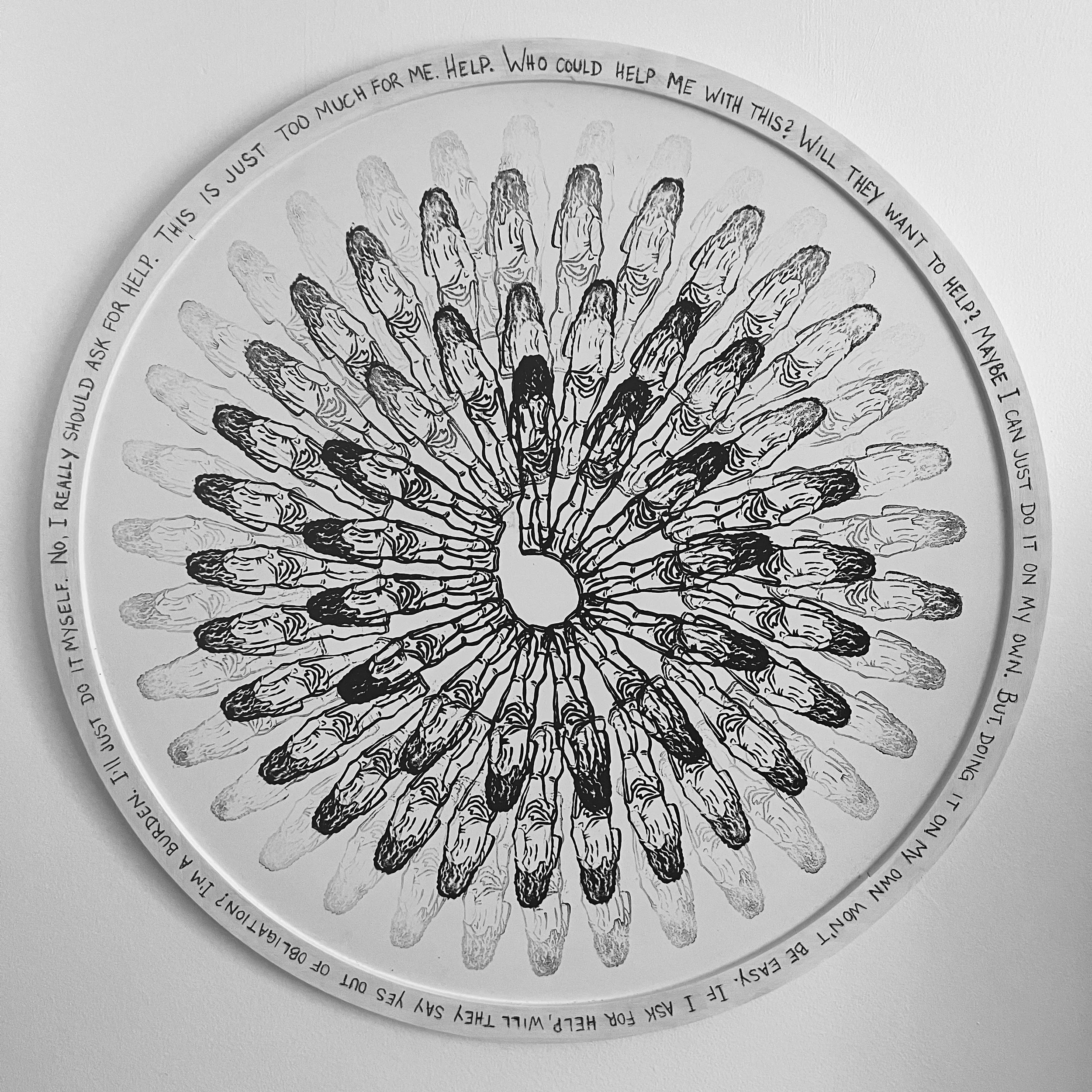 Spiraling Thoughts II (2025) Linocut stamps on round panel with handwritten text, 24x24 inch