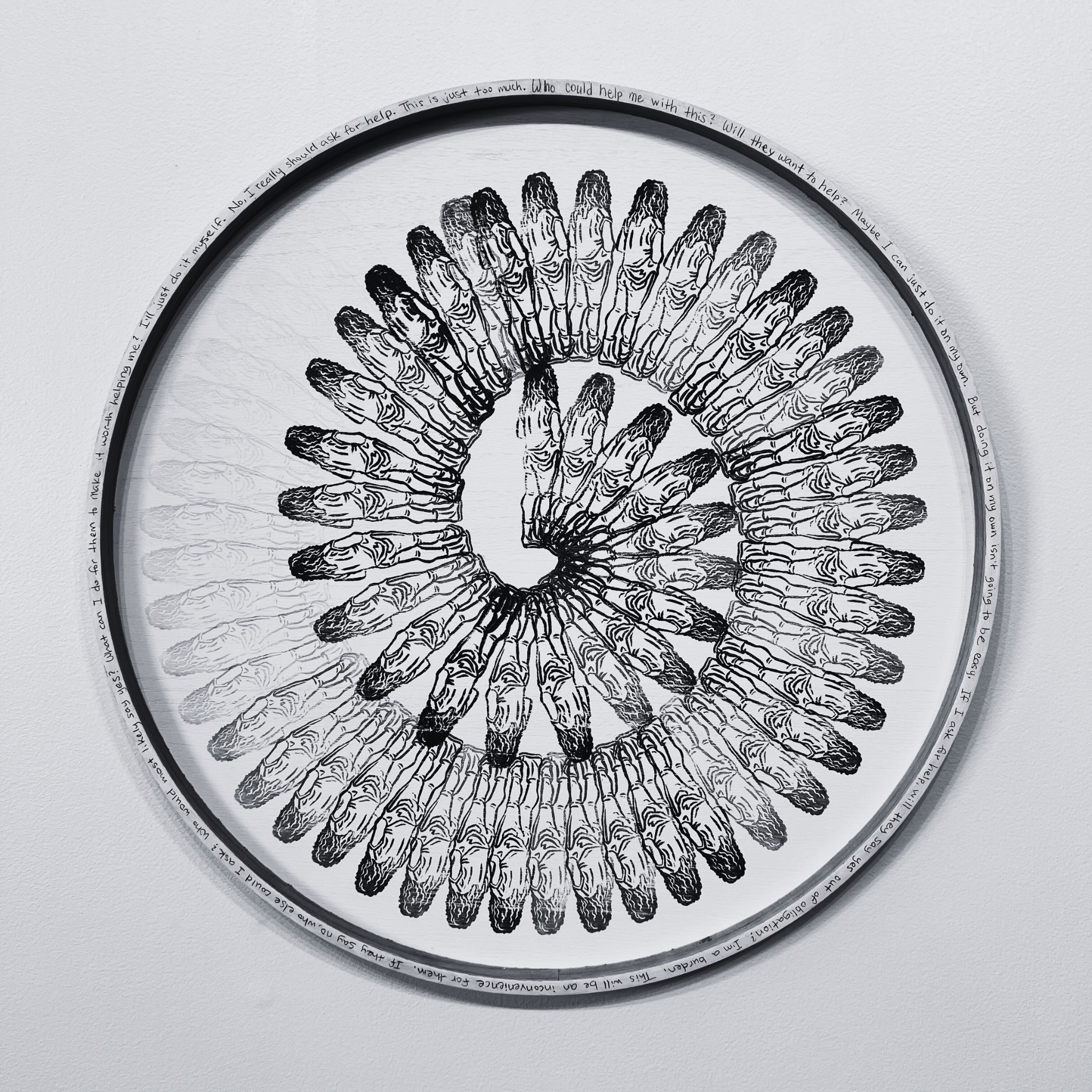 Spiraling Thoughts I (2023) Linocut stamps on round panel with handwritten text, 24x24 inch
