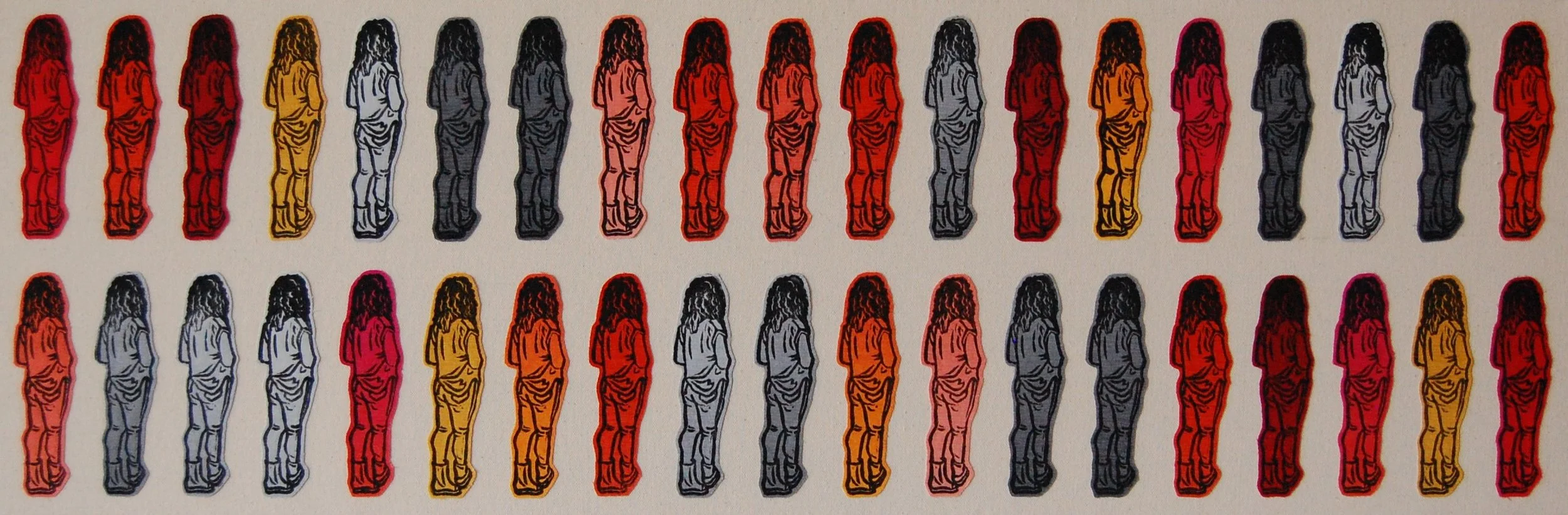 Good Days & Bad Days (2024) Stamped fabric assemblage on raw canvas, 12x36 inch