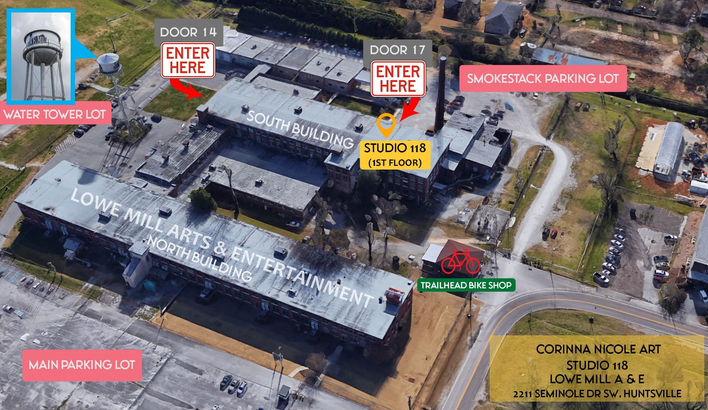 How to find Corinna Nicole's studio at Lowe Mill ARTS & Entertainment in Huntsville, Alabama