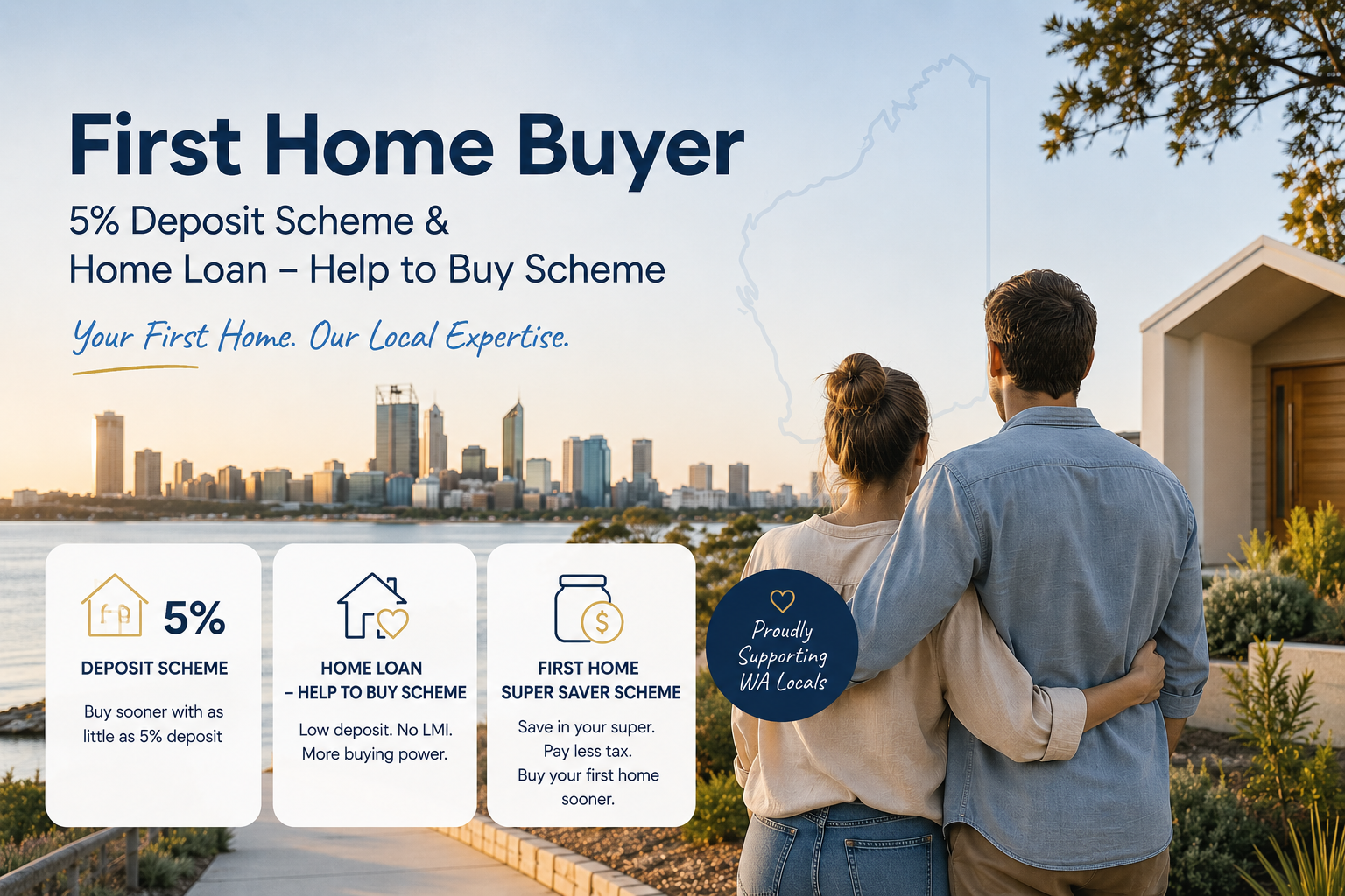 A couple stands arm-in-arm overlooking a city skyline at sunset with a waterfront view, promoting first-time home buyer schemes and local expertise services.