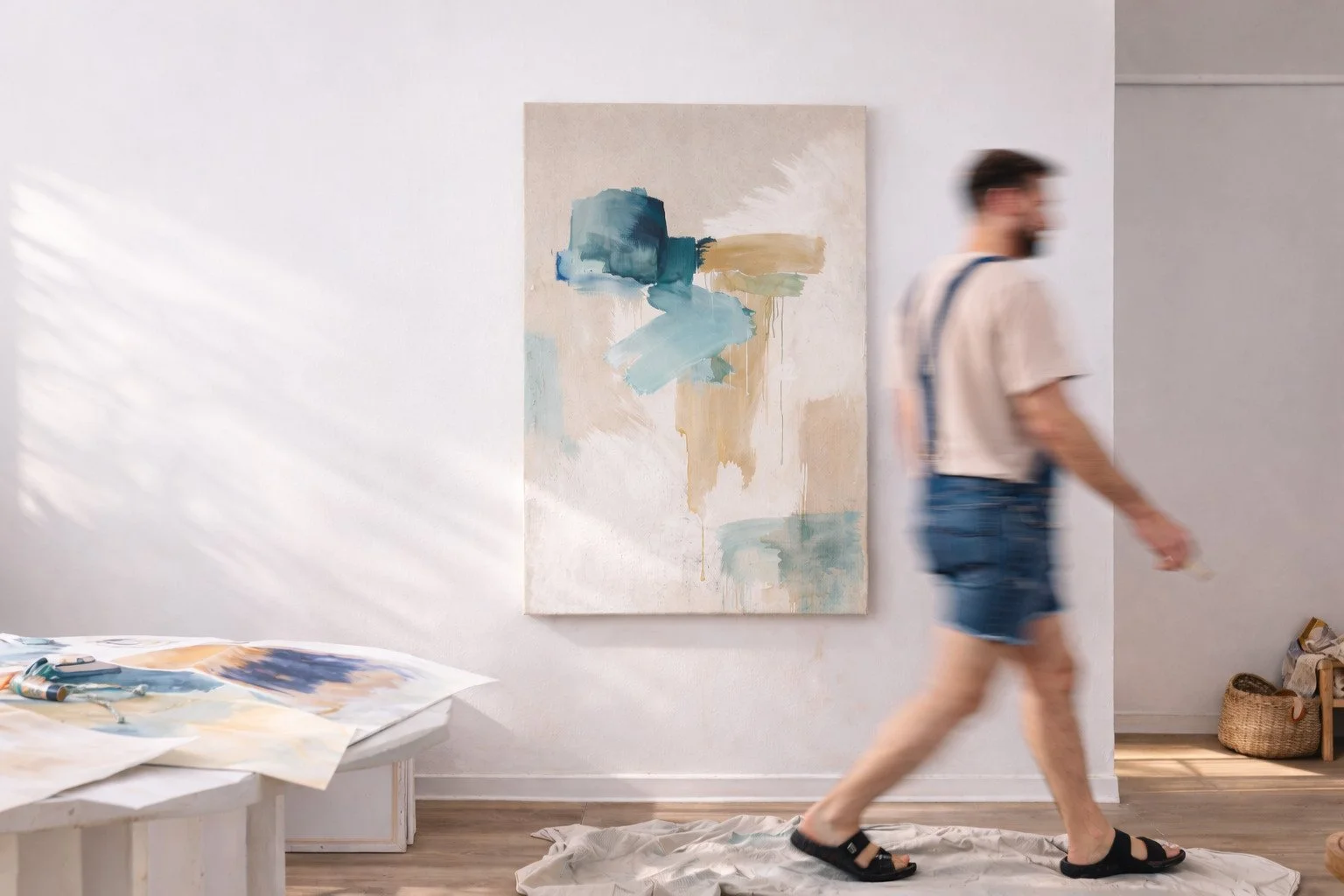 A person is walking in an art studio or gallery with an abstract painting on the wall and art supplies on the table.