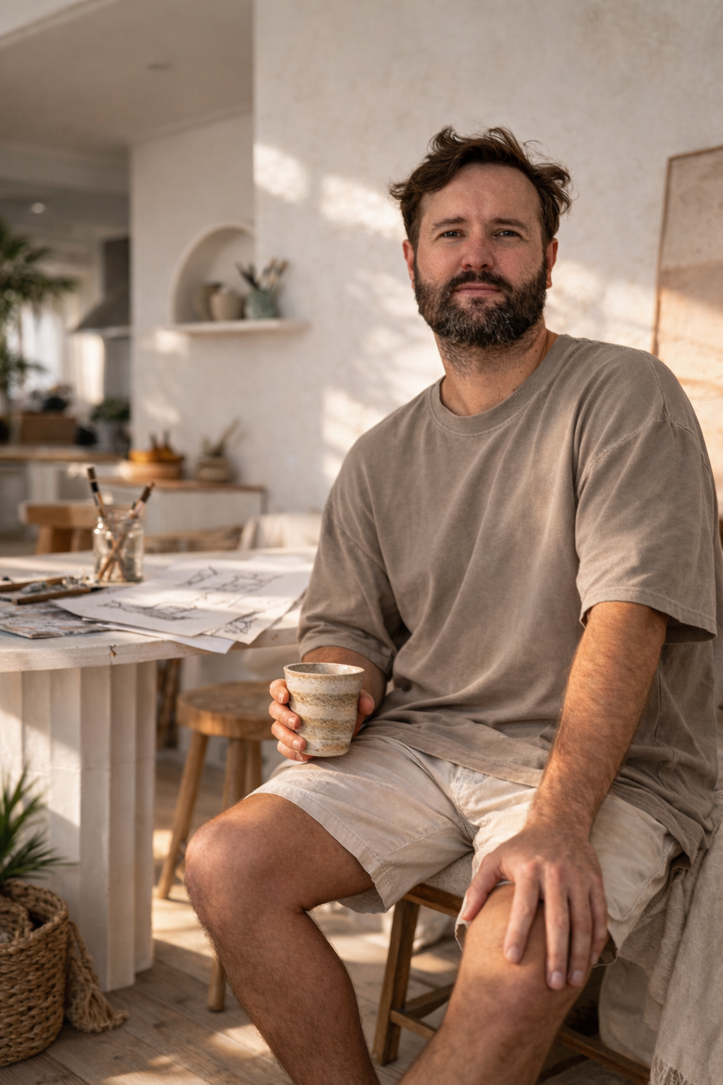 Man with a beard sitting on a wooden chair in a bright, airy room, holding a ceramic cup, with art supplies and drawings on the table behind him.