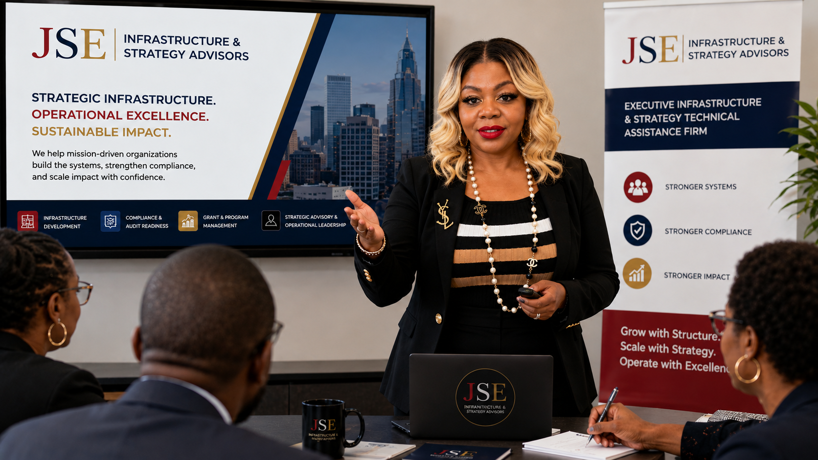 A woman presenting in a business meeting, standing in front of a screen and a banner. The screen displays the logo 'JSE' and the text 'Infrastructure & Strategy Advisors,' with details about strategic infrastructure, operational excellence, and sustainable impact. The banner on the side highlights stronger systems, compliance, and impact. Three people sit at a table taking notes, with notebooks, pens, and coffee mugs branded with the same logo.