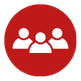 Icon of three people with a red background.