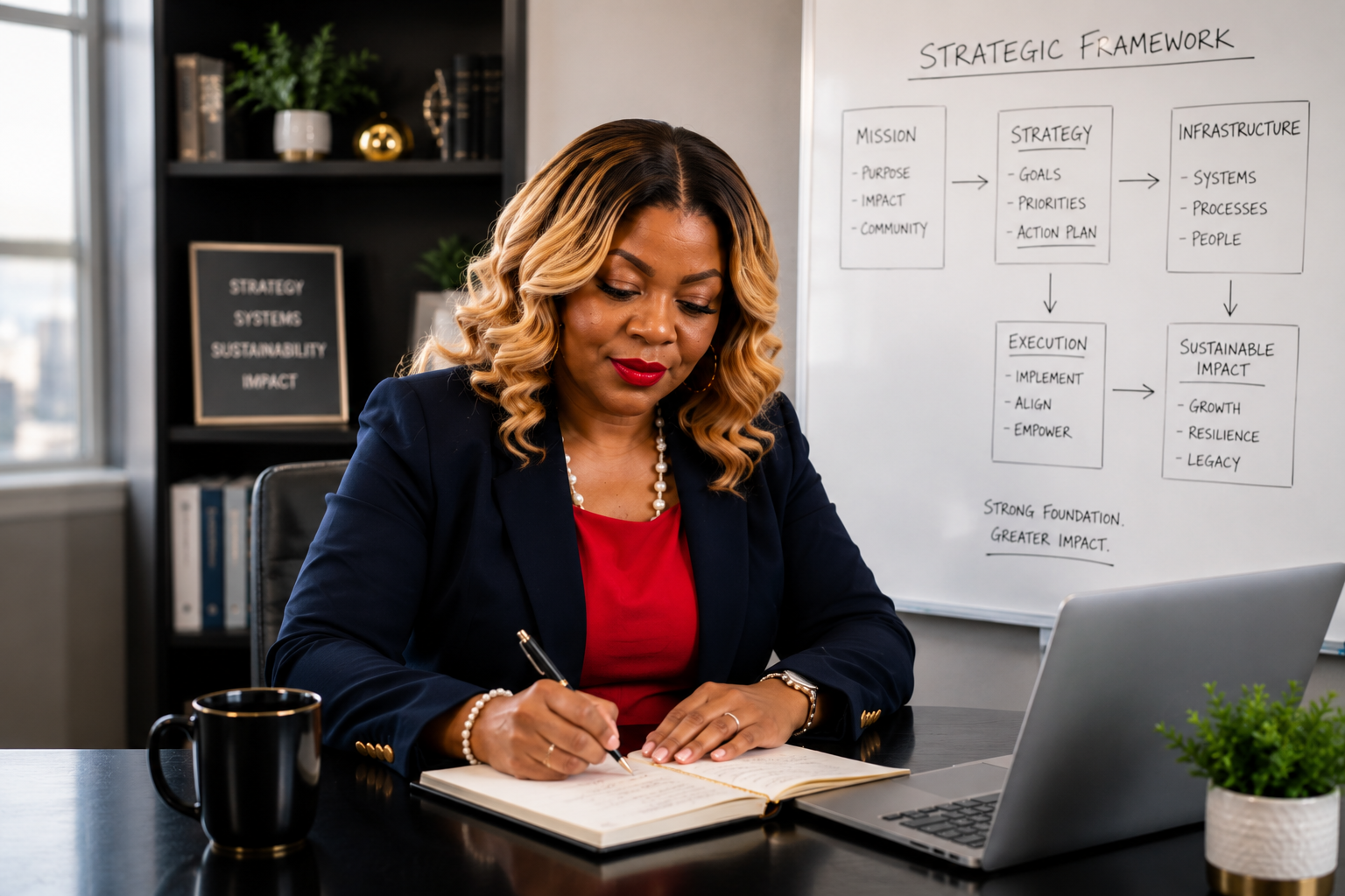 Businesswoman taking notes at her desk with a whiteboard on the wall showing a strategic framework.
