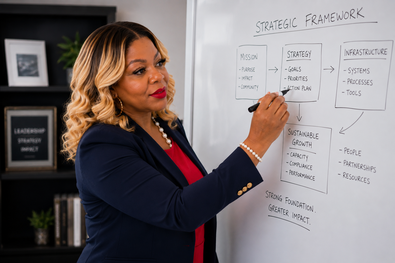 Businesswoman in navy blazer with blonde curly hair writes on whiteboard about strategic framework, including mission, strategy, infrastructure, and sustainable growth.
