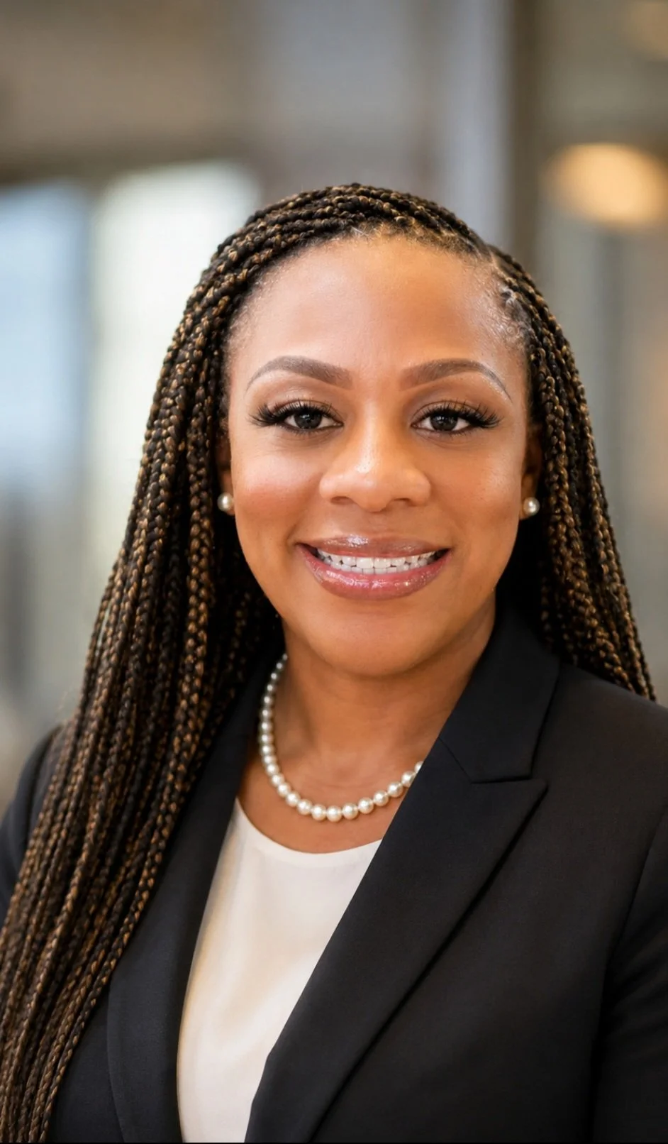 Professional woman with long braided hair, wearing pearl earrings, a pearl necklace, a black blazer, and a white blouse, smiling in an indoor setting.