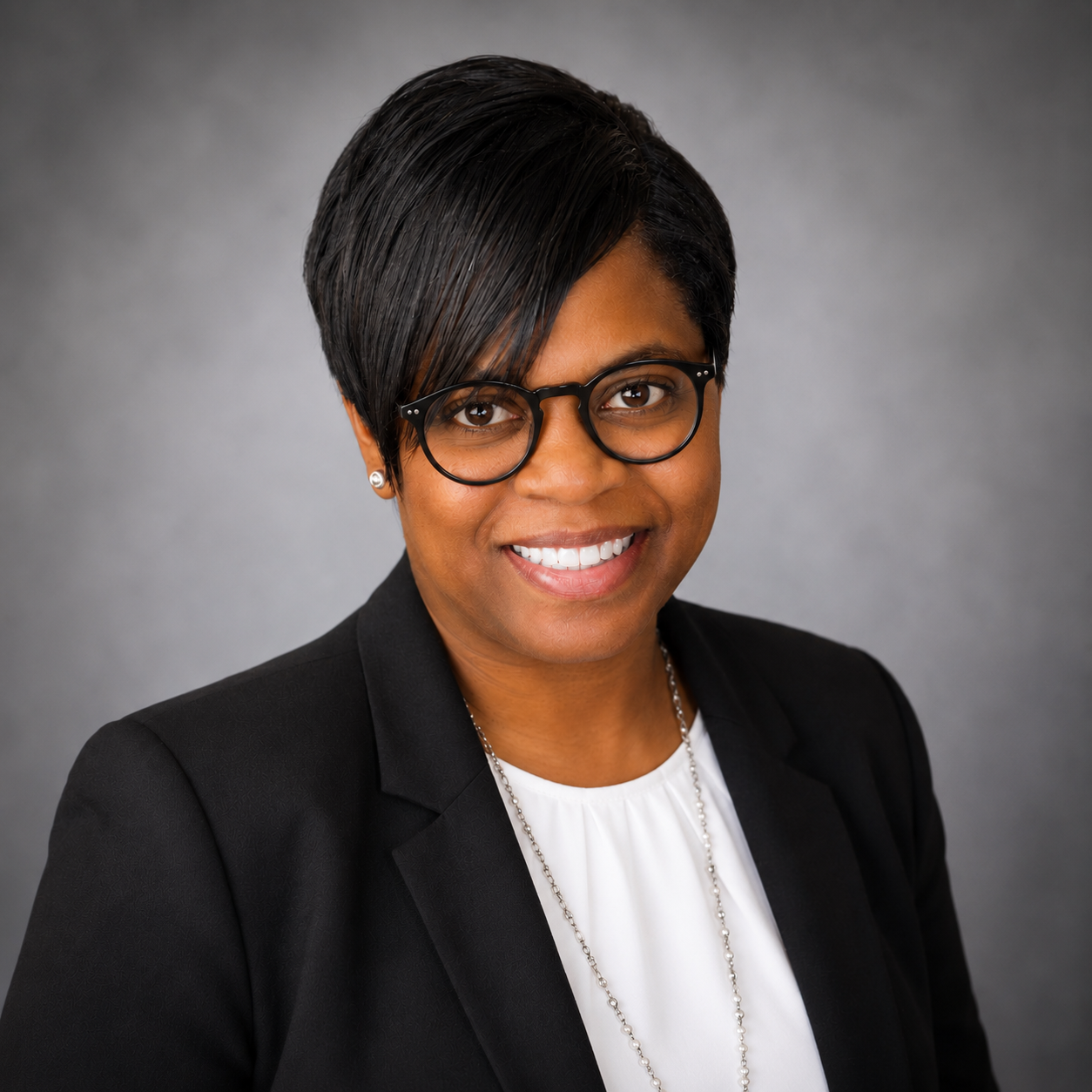 Professional headshot of a woman with short black hair, wearing glasses, a black blazer, and a white blouse, smiling against a plain gray background.