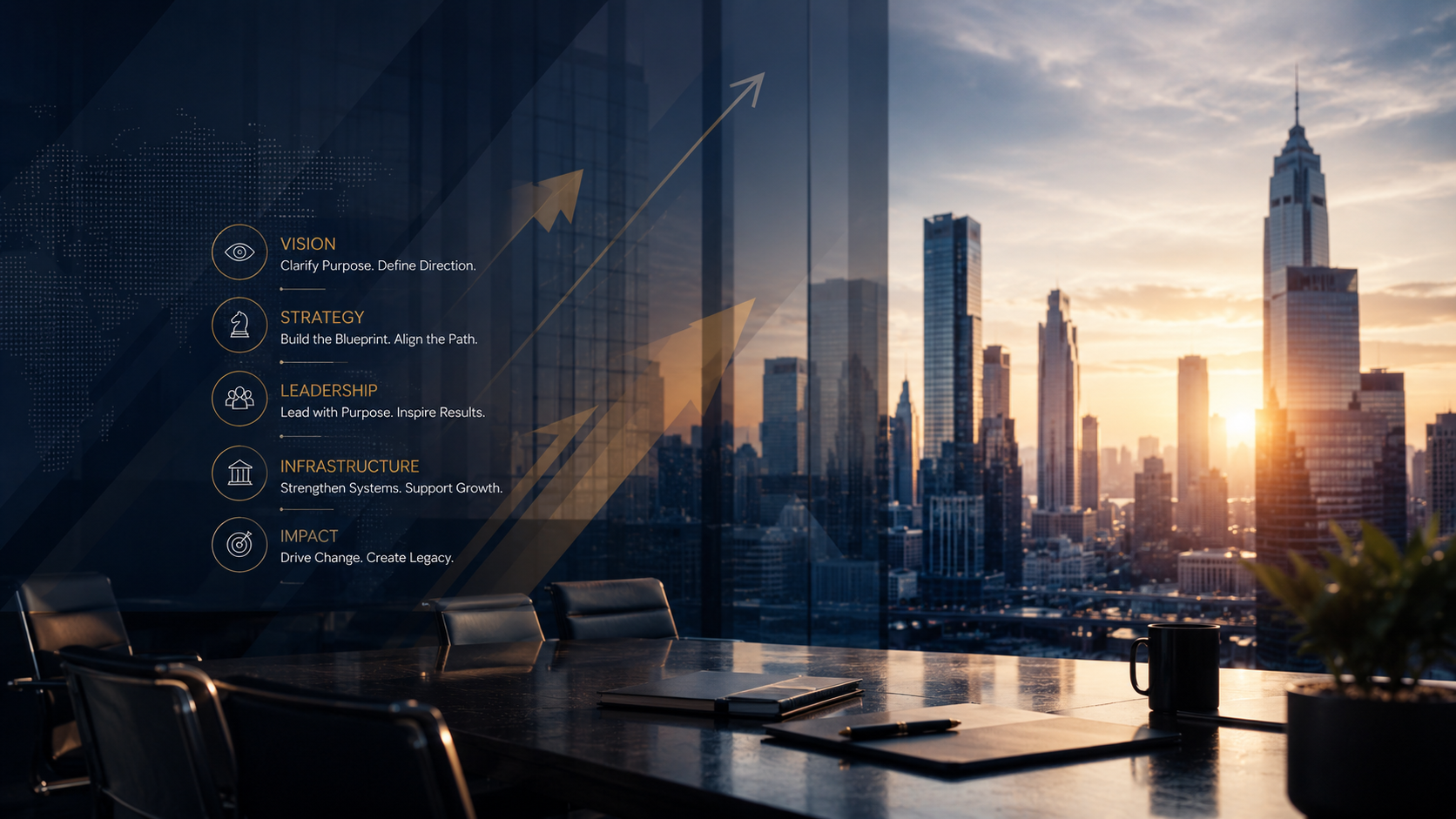 A modern conference room with a large window showing a city skyline at sunset, and a digital overlay listing business principles: vision, strategy, leadership, infrastructure, and impact.