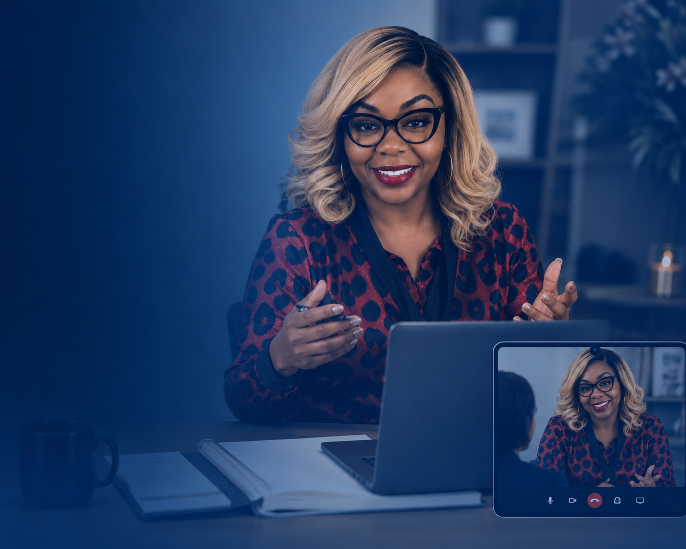 A woman with blonde hair, glasses, and hoop earrings sitting at a desk with a laptop, engaged in a video call, smiling and gesturing with her hands.