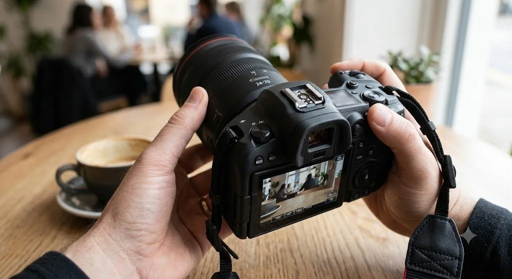 Person holding a camera taking a photo in a cafe with a latte on a wooden table.