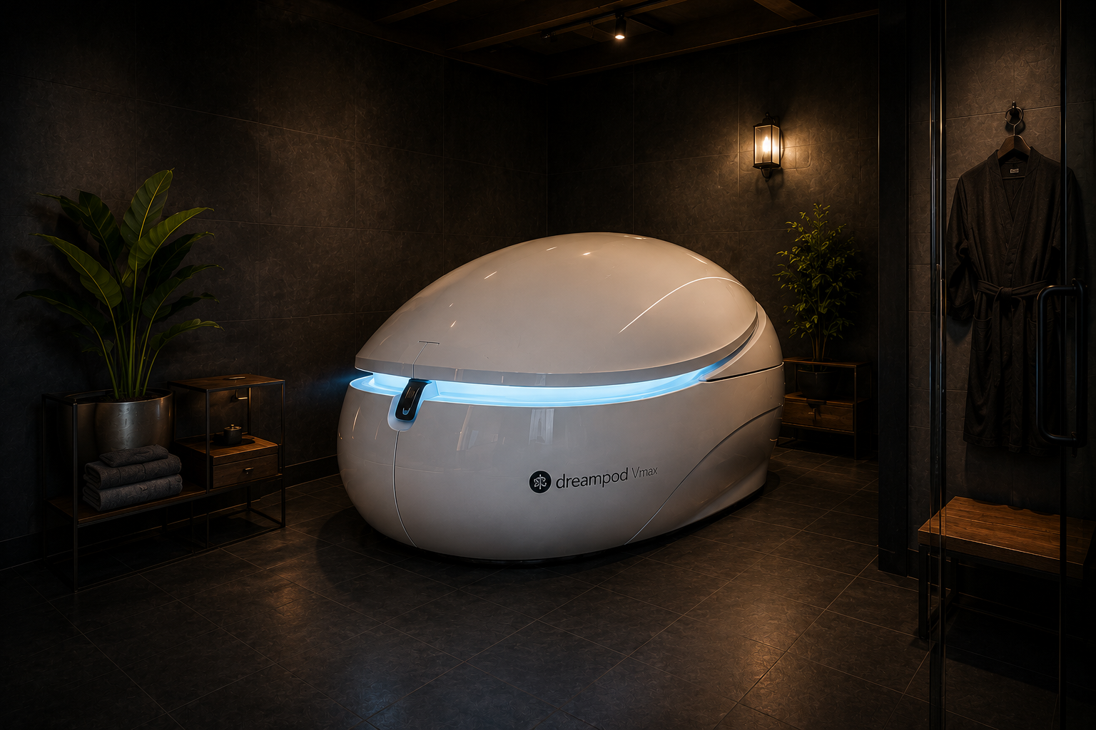 Dreampod float tank in a private dark room at Tub Goat Float House in Leominster, MA