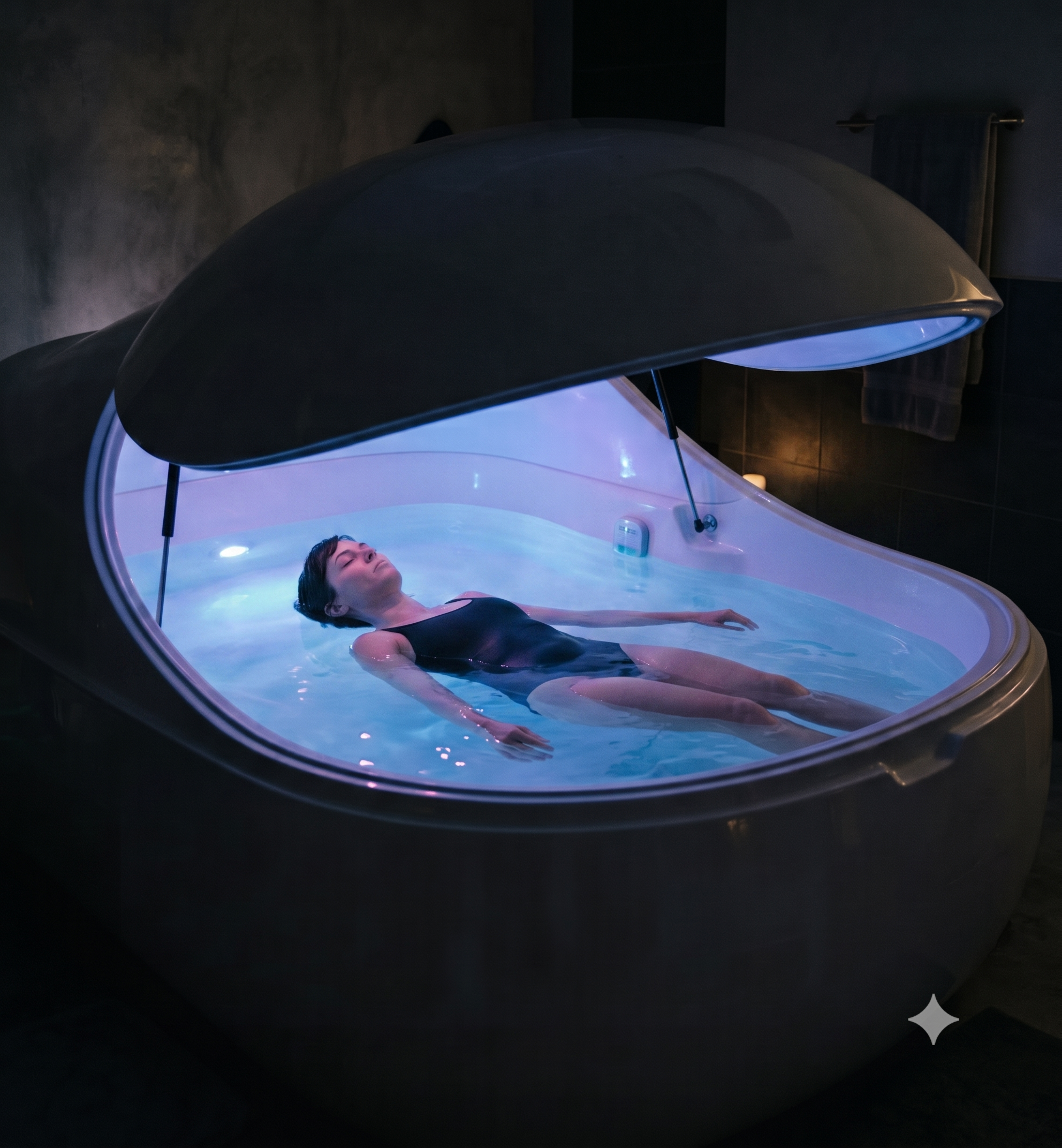 Woman floating with the pod lid open, blue chakra lighting on — float your way at Tub Goat