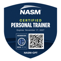 NASM Certified Personal Trainer certification badge with expiration date November 17, 2027.