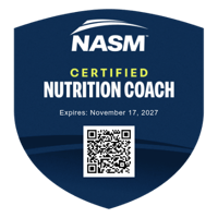 NASM Certified Nutrition Coach badge with expiration date of November 17, 2027.