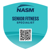 NASM Senior Fitness Specialist certification badge with a QR code