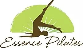 Silhouette of a person performing a Pilates pose in front of a green sunburst background, with the text 'Essence Pilates' underneath.