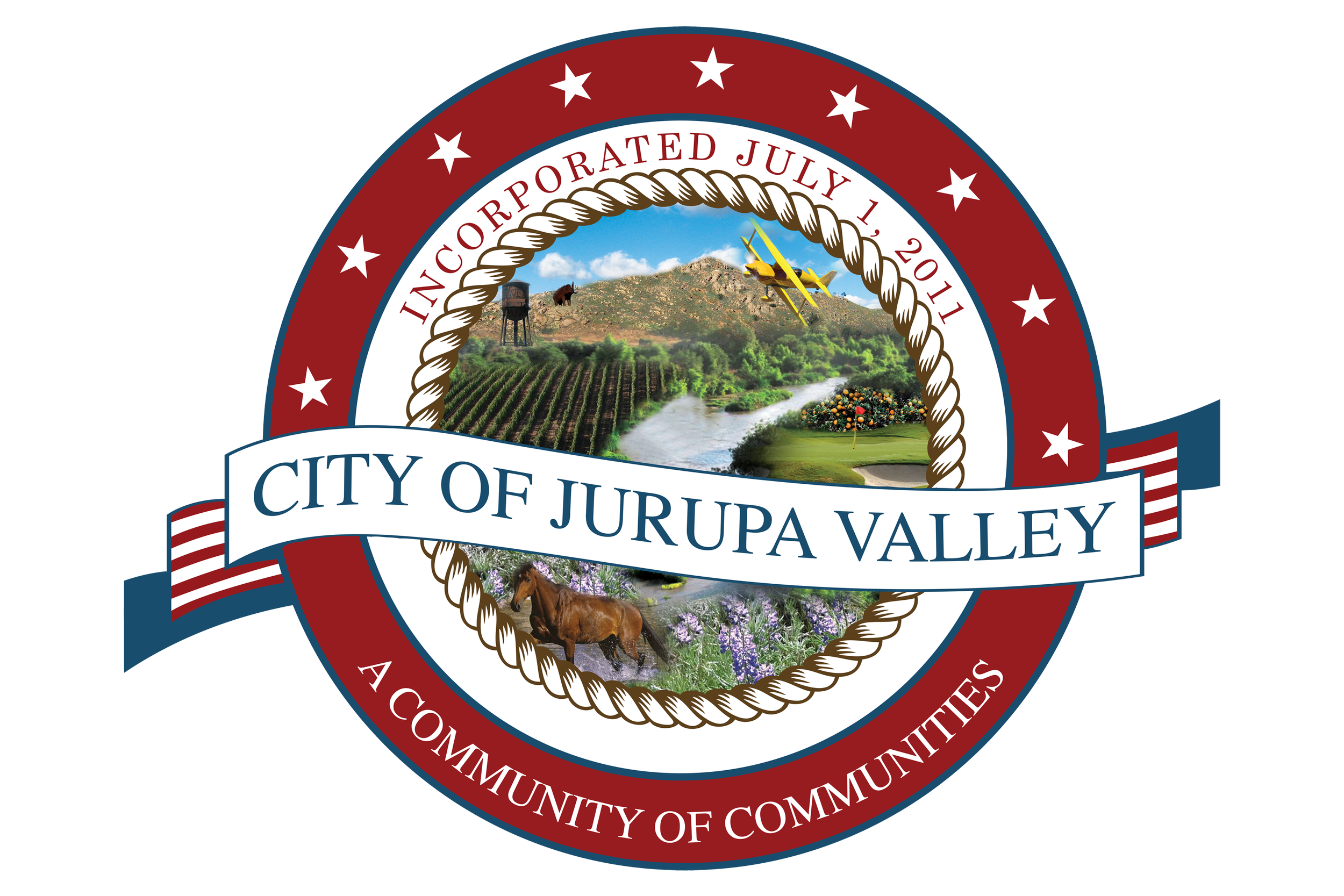 Seal of the City of Jurupa Valley, featuring a landscape with a mountain, airplane, water tower, farm animals, river, flowers, and planting fields, surrounded by a red, white, and blue border with stars and stripes.
