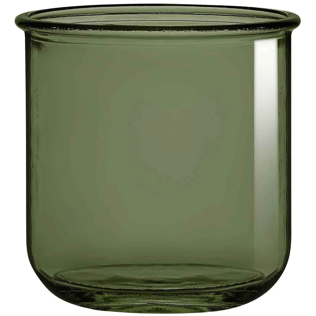 Close-up of an empty translucent green glass jar with a rounded lip, set against a white background.