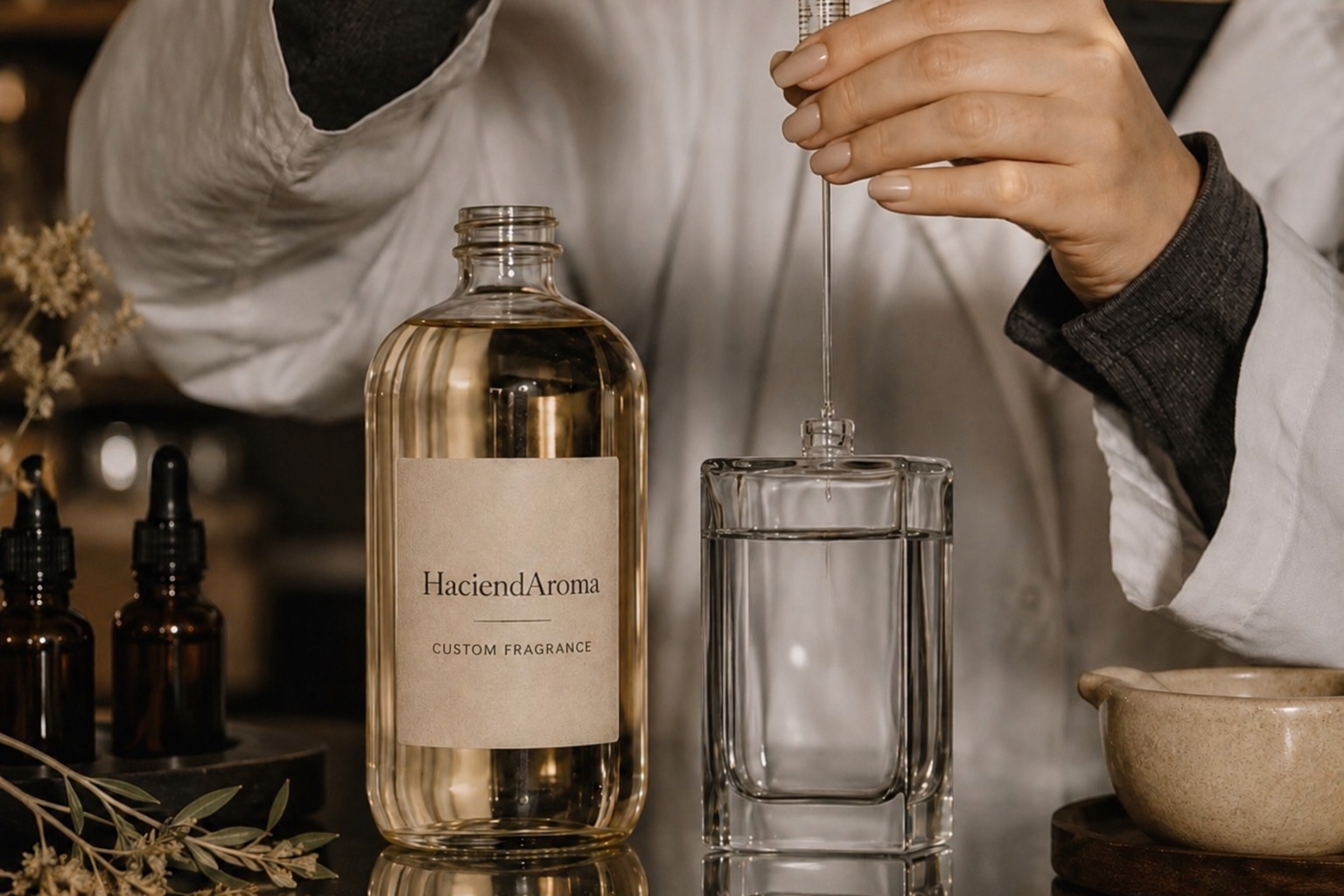 Person using a dropper to pour liquid into a glass container, with a bottle labeled 'Hacienda Aroma' behind it, surrounded by small bottles, dried flowers, and a bowl.
