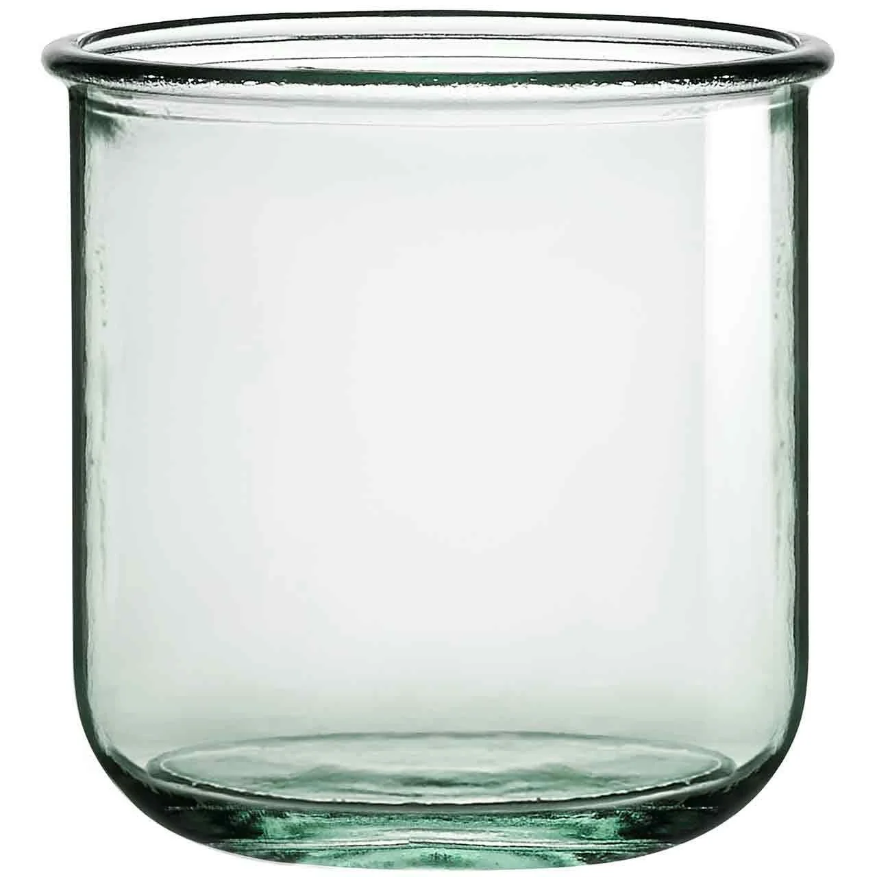 A clear glass tumbler cup with a rounded rim, no handles, and a thick base, shown against a plain white background.