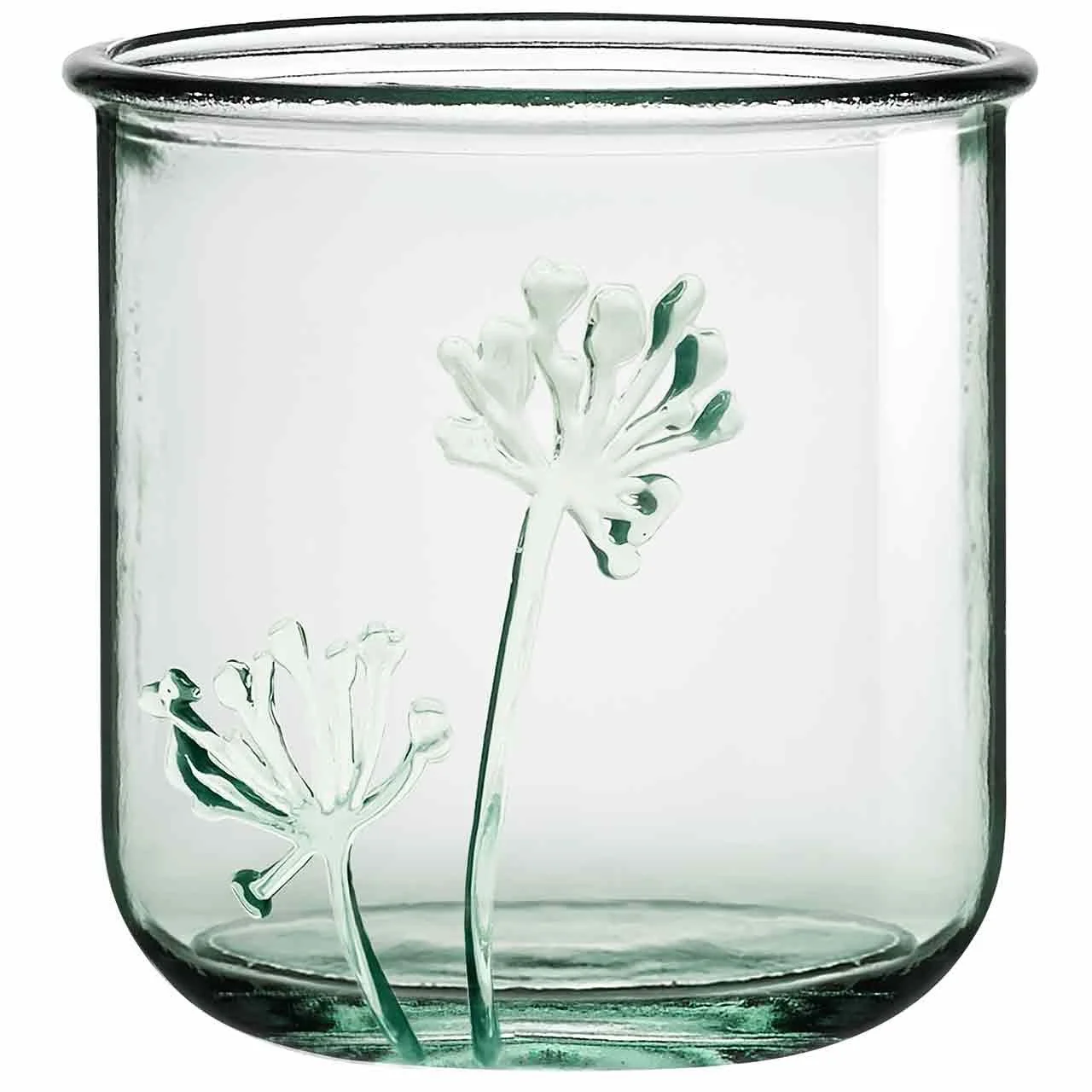 Clear glass container with green leaves and stems embedded inside, rounded at the top with no additional objects or background.