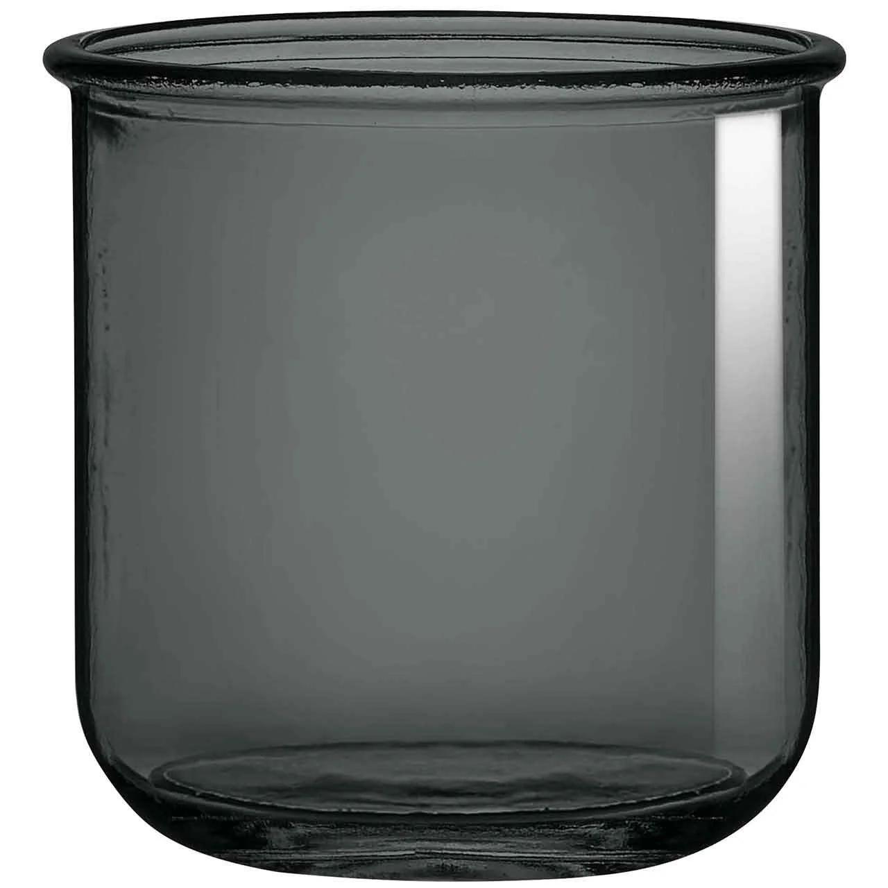 A clear, empty glass with a rounded bottom and smooth sides.