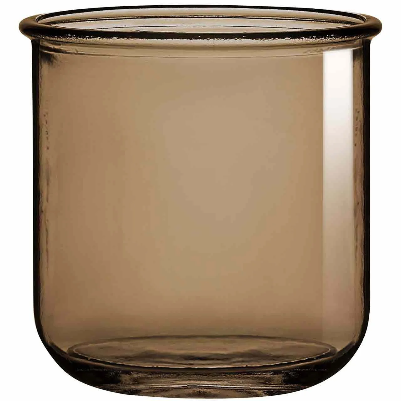 Close-up of a transparent glass tumbler with a rounded square shape.