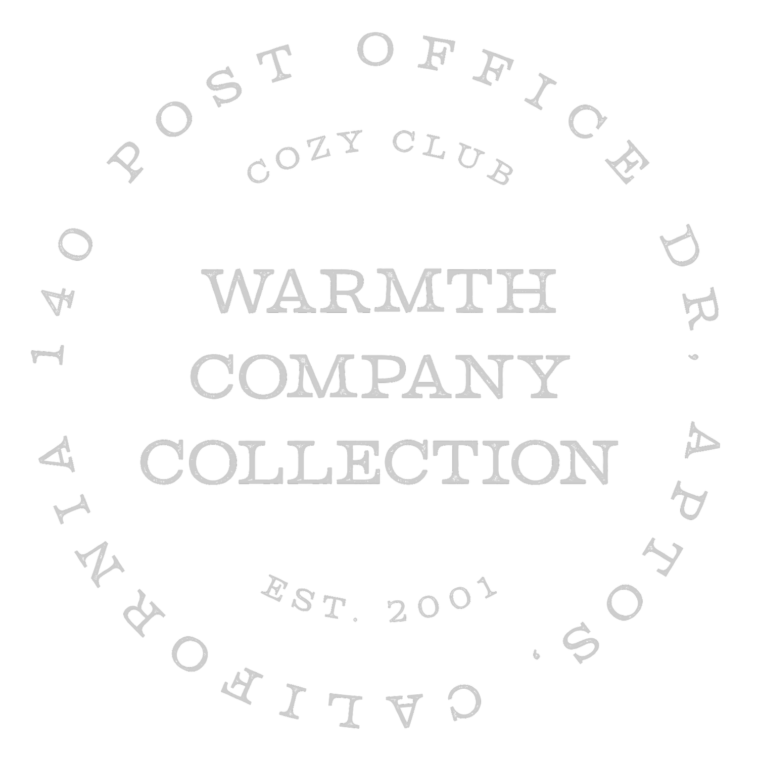 A black circular badge with gray text that reads 'Peace Offerice Dry Cozy Club Warmth Collection', 'Est. 2001'.