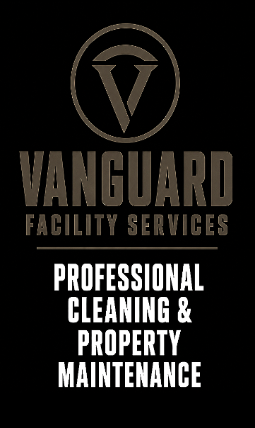 Vanguard Facility Services logo with a large 'V' inside a circle, followed by the company name and services: professional cleaning and property maintenance.