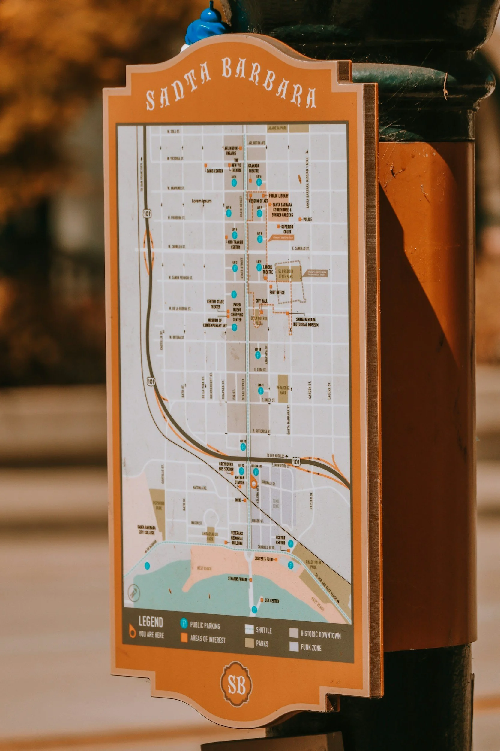 Map of Santa Barbara, highlighting key locations, parks, historic downtown, and transportation options.